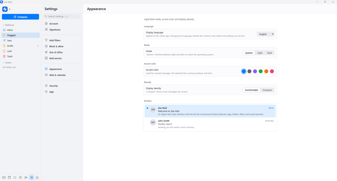 Zee Mail appearance settings with theme and preview